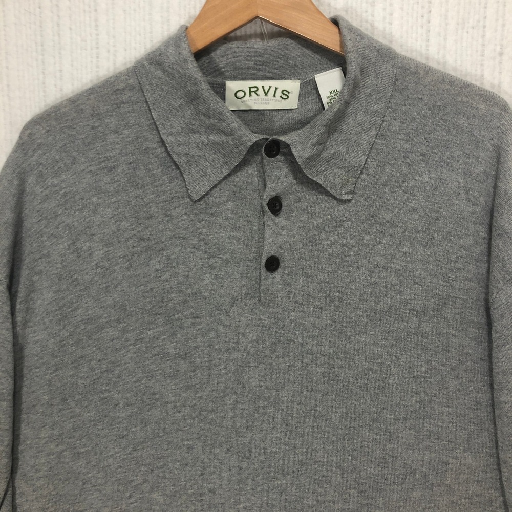 Orvis Mens XXL Gray Cotton Silk Cashmere Long Sleeve Polo Sweater 1L2T 37054